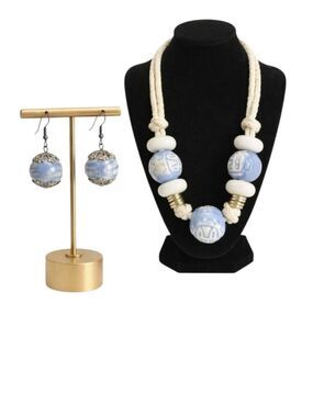 Artisan Mixed Media Chinoiserie Statement Collar Necklace and Earrings Set